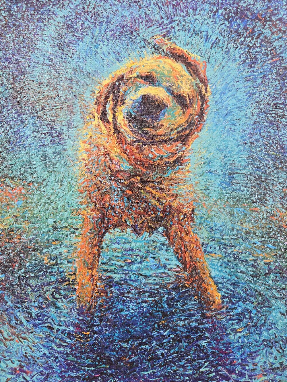 Iris Scott Oil Painting Shaking Off The Blues Golden Retriever Signed 18"X18"